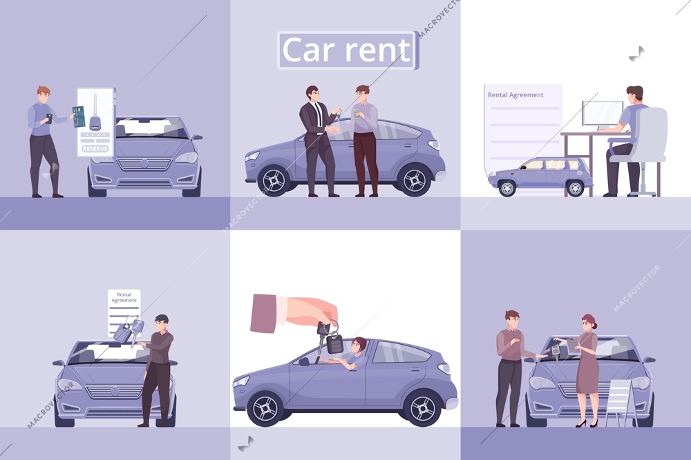 Set of six square compositions with flat transport sharing images human characters car keys and agreement vector illustration