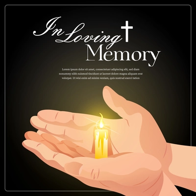 In loving memory obituary poster with editable text and human hands holding burning candle realistic vector illustration