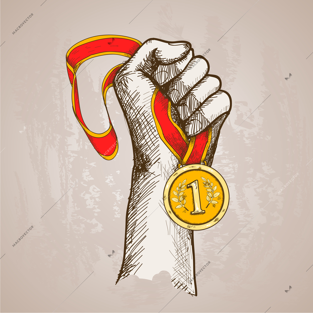 Hand holding golden medal champion prize winner reward sketch vector illustration