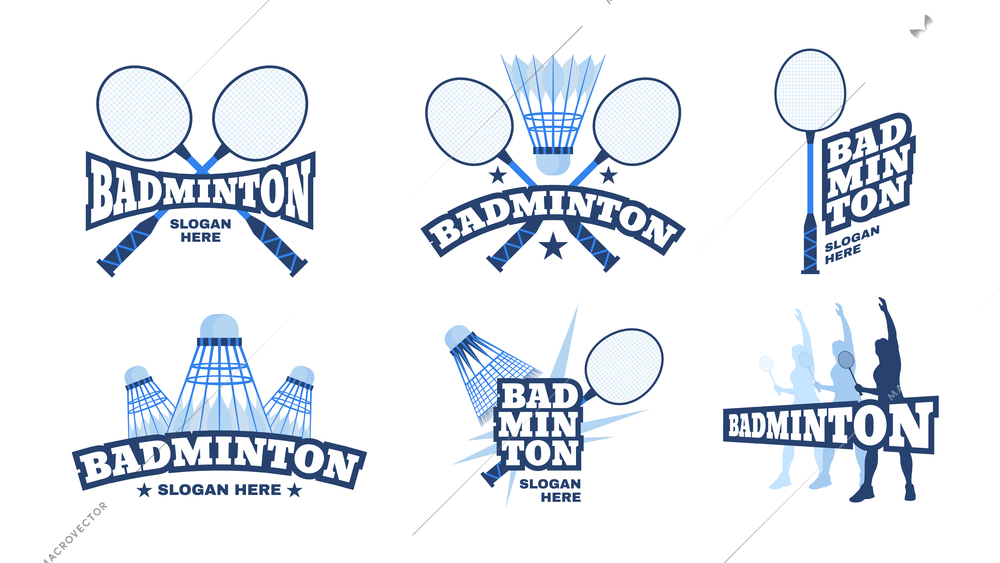 Badminton logo design set with rackets shuttlecocks and players silhouette isolated on white background vector illustration