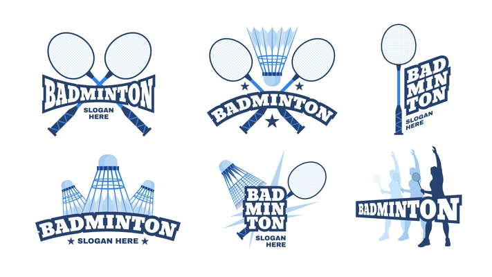 Badminton logo design set with rackets shuttlecocks and players silhouette isolated on white background vector illustration