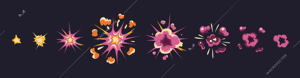 Cartoon set with bomb explosion effects of different size for flash animation isolated against black background vector illustration
