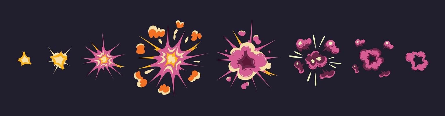 Cartoon set with bomb explosion effects of different size for flash animation isolated against black background vector illustration