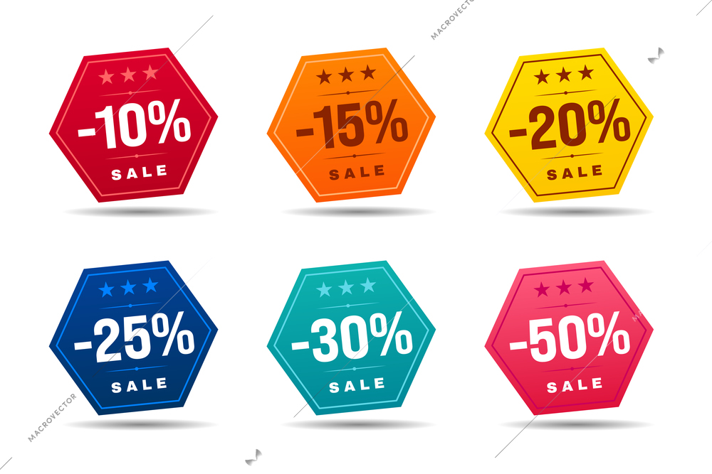 Sale discount badges set of hexagon shape and different colors isolated realistic vector illustration