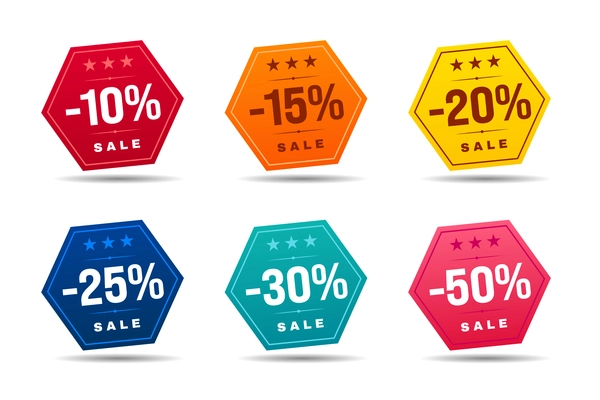 Sale discount badges set of hexagon shape and different colors isolated realistic vector illustration