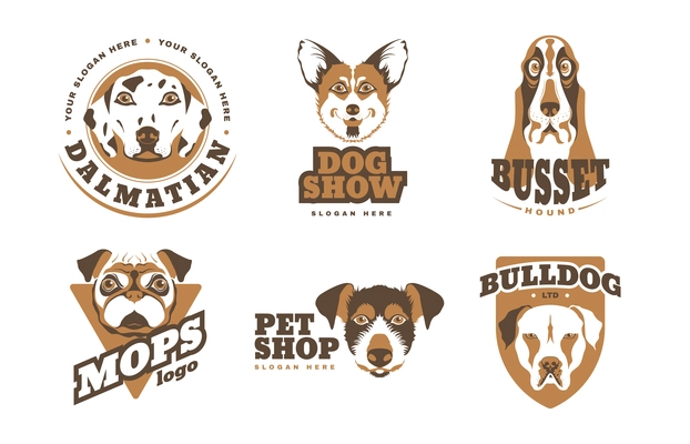 Dogs breeds pet shop show logo design set in flat style isolated against white background vector illustration