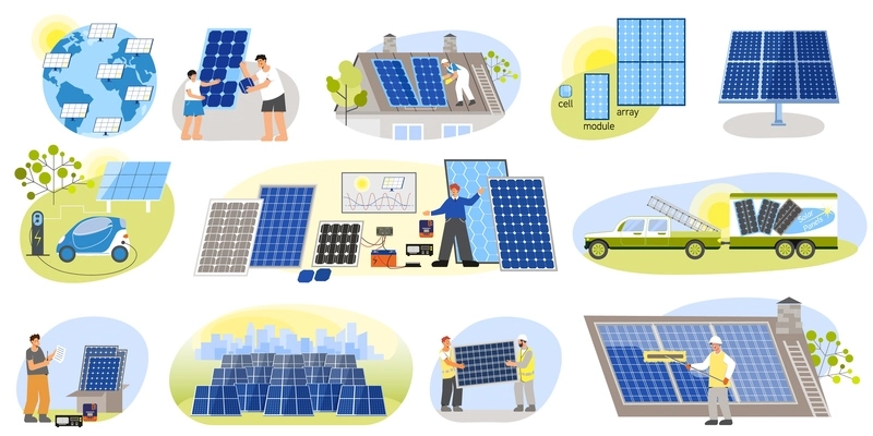 Solar energy set of flat isolated compositions with people electric vehicles house roofs with photovoltaic panels vector illustration