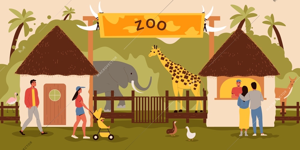 Zoo entrance background with tickets animals and visitors flat vector illustration