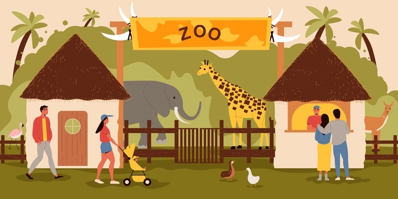 Zoo entrance background with tickets animals and visitors flat vector illustration