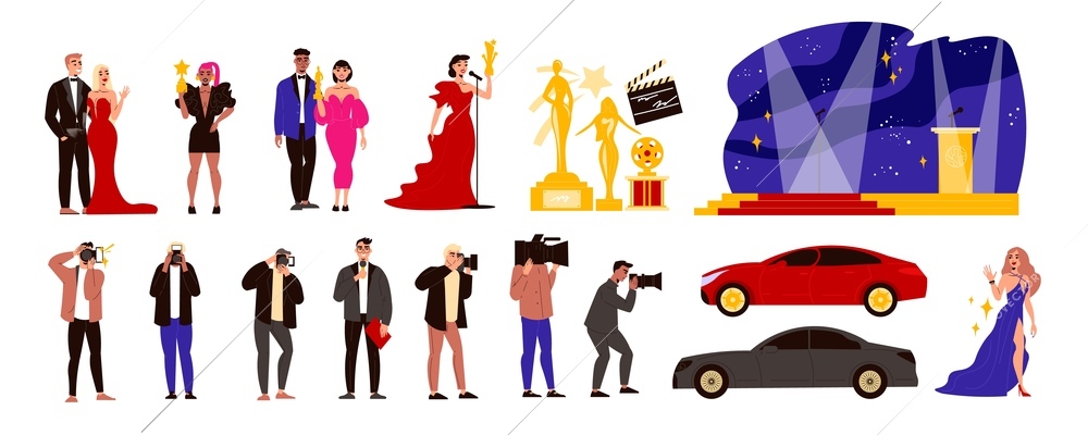 Film awards and celebrities set with ceremony symbols flat isolated vector illustration