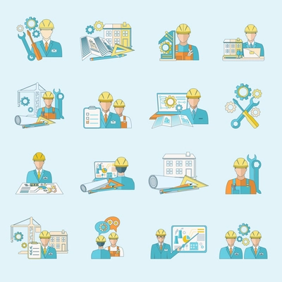 Engineer construction equipment industrial process production and manufacturing icons line set isolated vector illustration.