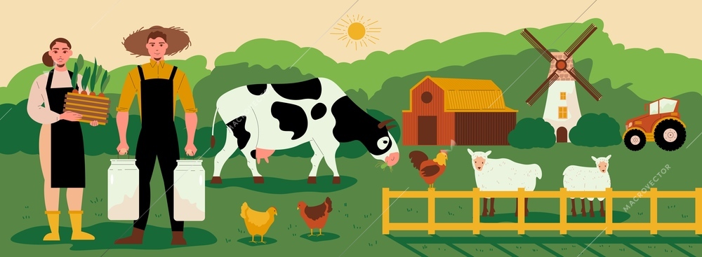 Farm background with cattle chicken granary and tractor vector illustration