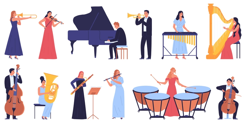 Musician orchestra set of isolated compositions with musical instruments icons and characters of playing live performers vector illustration