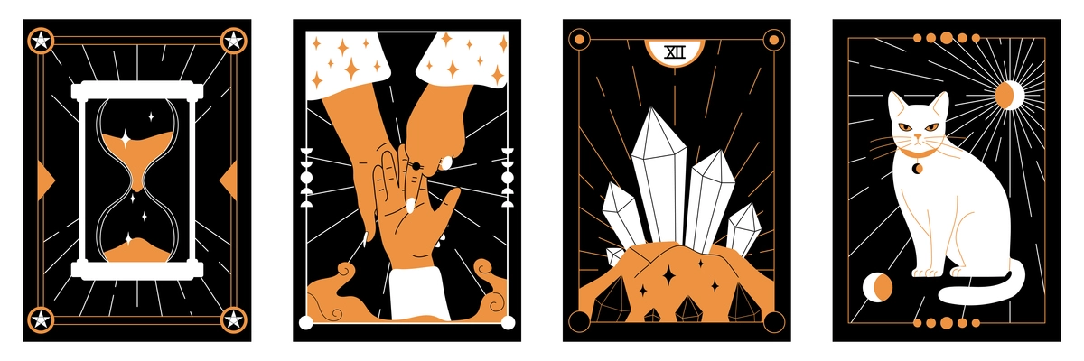 Mystic cards collection on black background with  hourglass cat palmistry images flat vector illustration