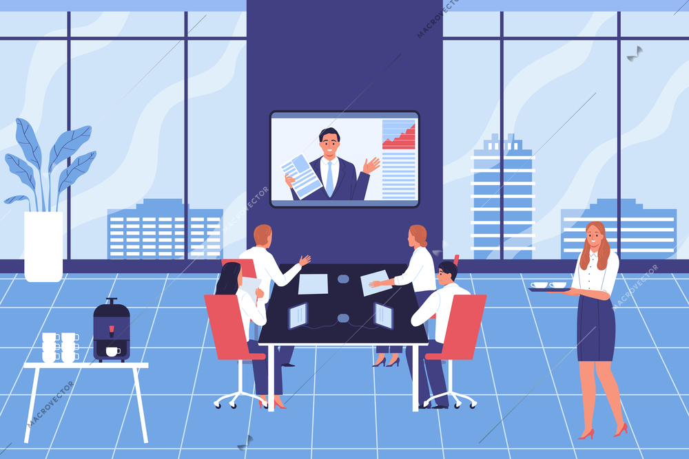 Business online meeting composition with office indoor interior and coworkers at table with conference screen broadcast vector illustration