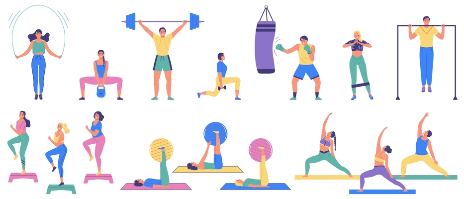 People engaged in fitness isolated icons with athletes training with balls barbells punching bag crossbar skipping rope flat vector illustration