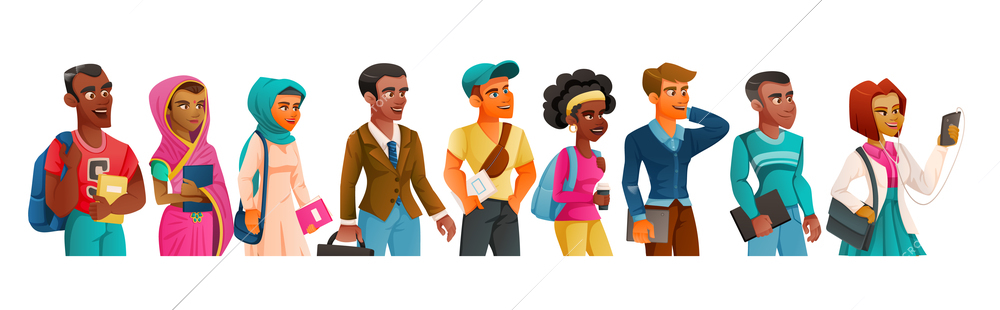 Cartoon characters diversity composition with isolated human characters of young people of colour holding various accessories vector illustration