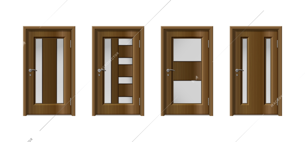 Door realistic set of four isolated wooden doors with brown wooden surface and different window configurations vector illustration