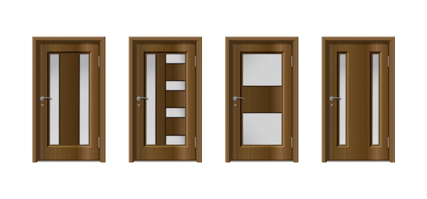 Door realistic set of four isolated wooden doors with brown wooden surface and different window configurations vector illustration