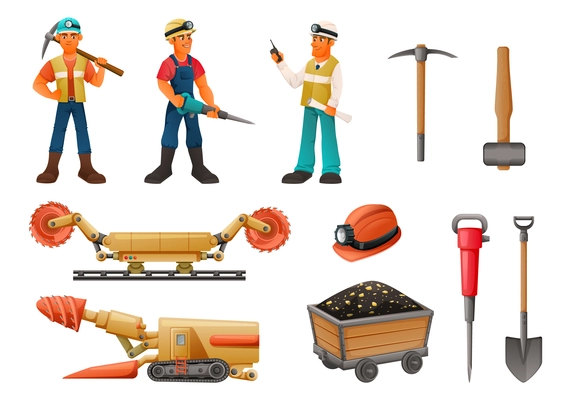 Mining miner cartoon set with isolated icons of manual instruments machinery and human characters of workers vector illustration