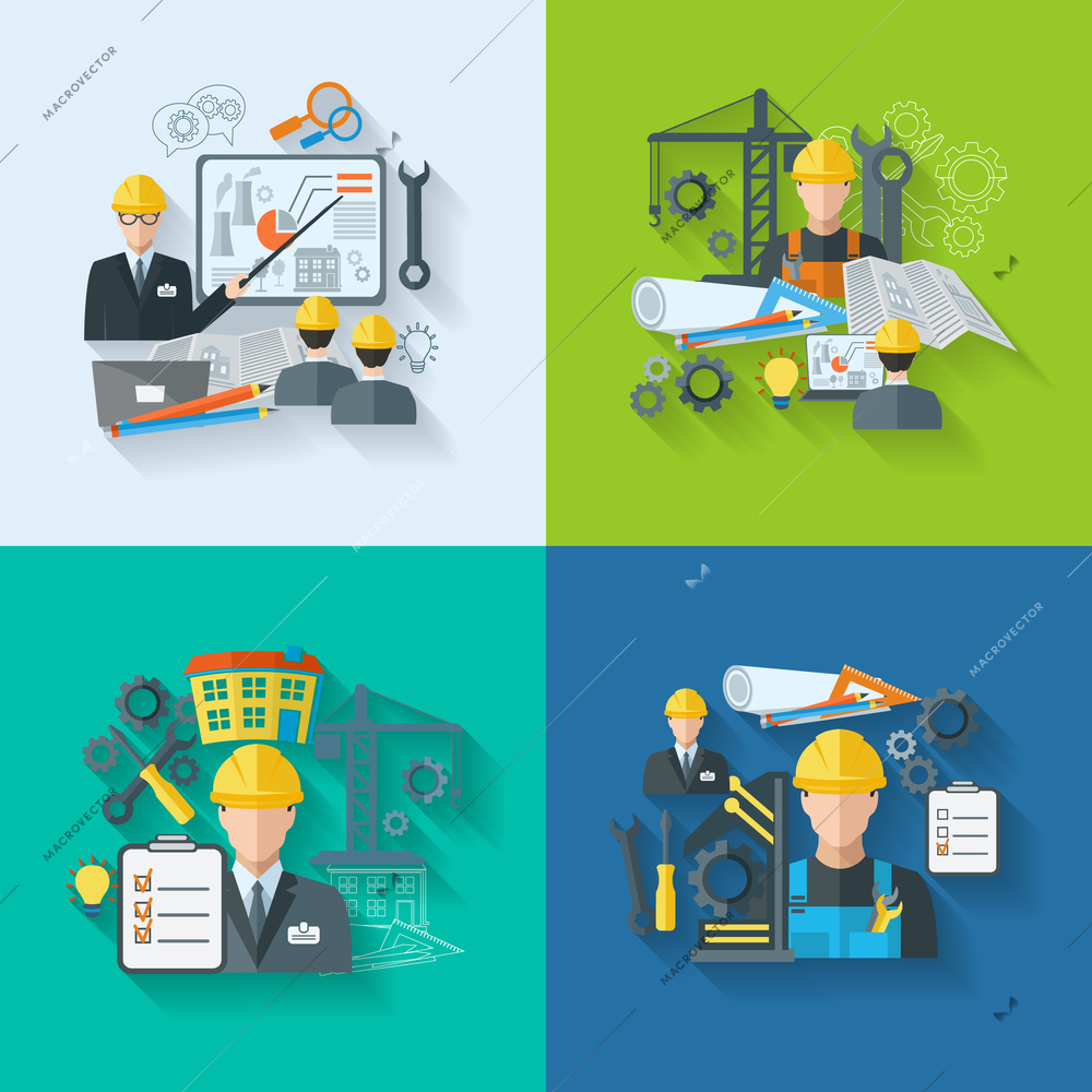 Engineer construction manufacturing workers with gears drafts and tools flat icons set isolated vector illustration