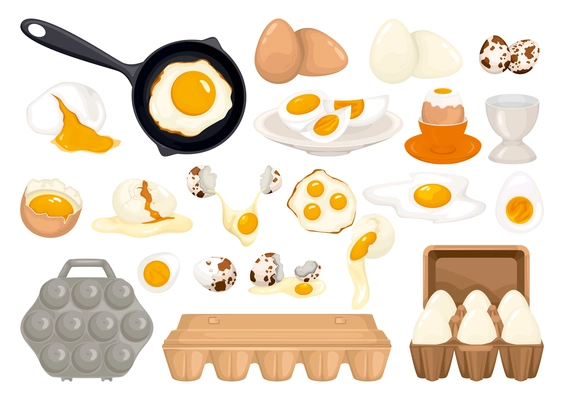 Eggs set with isolated images of various eggs with dishes and container packages on blank background vector illustration
