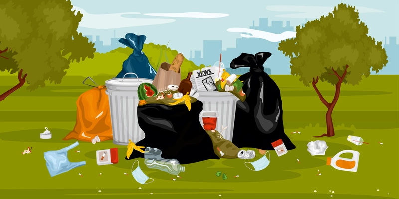 Trash garbage in park composition of outdoor scenery with cityscape and pile of waste among trees vector illustration