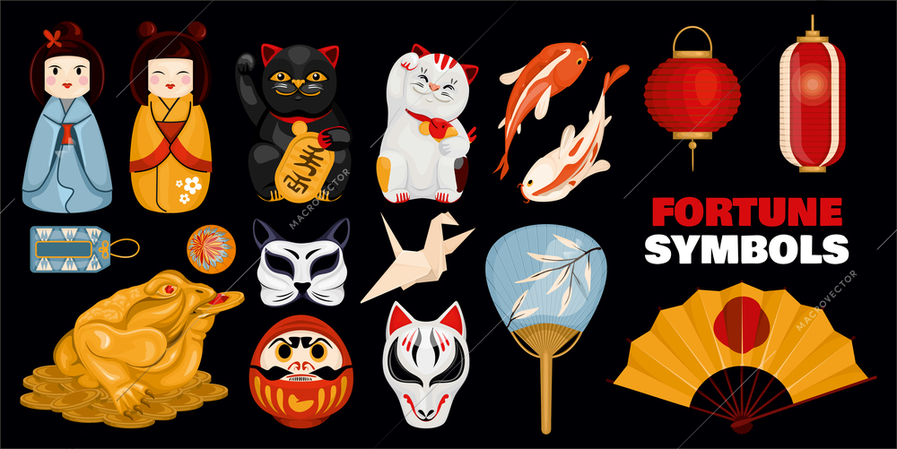 Japanese fortune symbols set with isolated icons of masks mascots and souvenirs on black background vector illustration