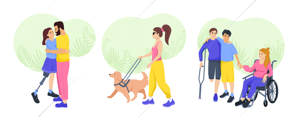 Disabled people lifestyle set of three flat isolated compositions of  people with disabilities different life situations vector illustration