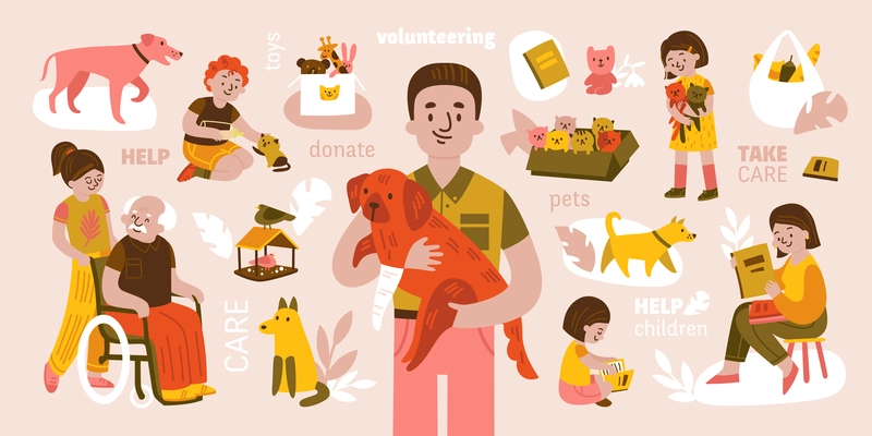 Volunteer composition with isolated icons of pets donation goods and elderly people with young volunteer characters vector illustration