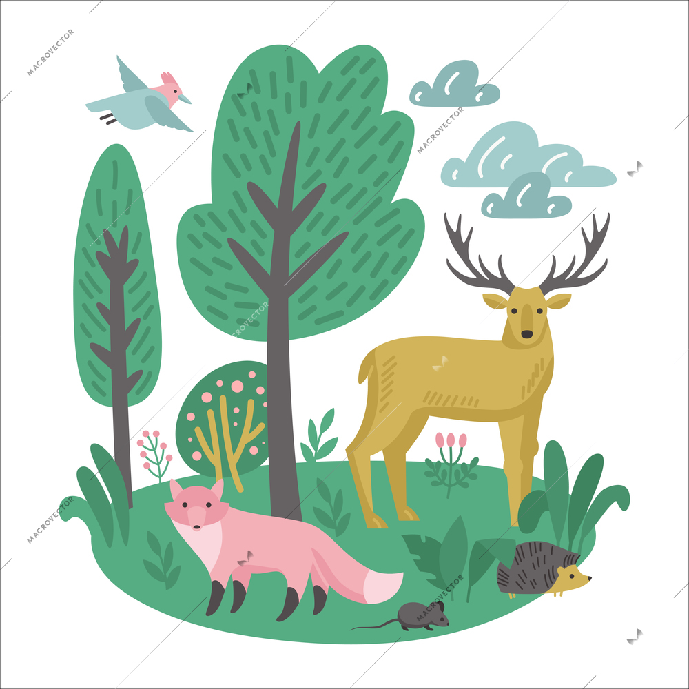 Forest animals square composition with doodle style outdoor landscape and horned deer with fox and bird vector illustration