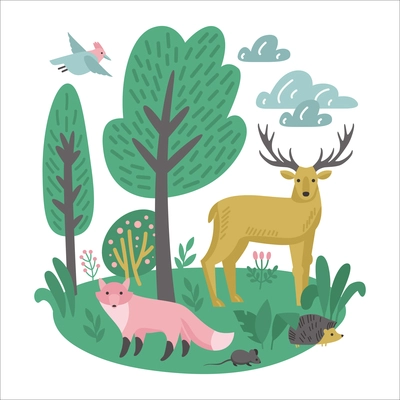 Forest animals square composition with doodle style outdoor landscape and horned deer with fox and bird vector illustration