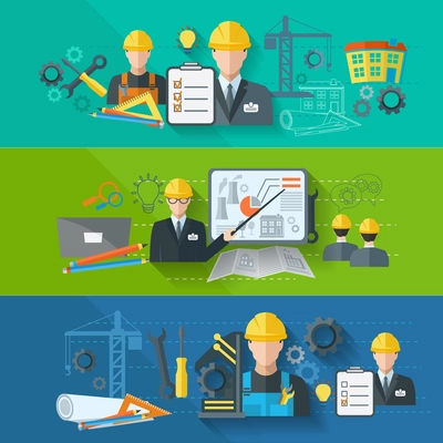 Engineer construction industrial factory manufacturing workers flat banner set isolated vector illustration