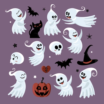 Set of isolated ghost halloween icons with flying rats cartoon style pumpkin head and black stars vector illustration