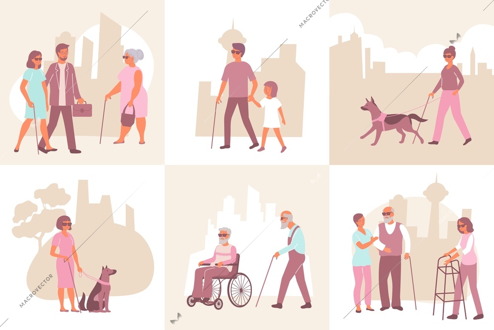 Eye disease set of six square compositions with flat characters of blind people using accessibility goods vector illustration