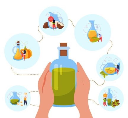 Food oils flat background with human hands holding bottle of oil with round compositions of ingredients vector illustration