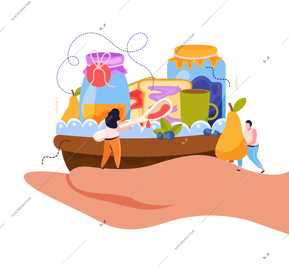 Jam production flat composition witn human hand holding plate with jam jars fruits toasts and drink vector illustration