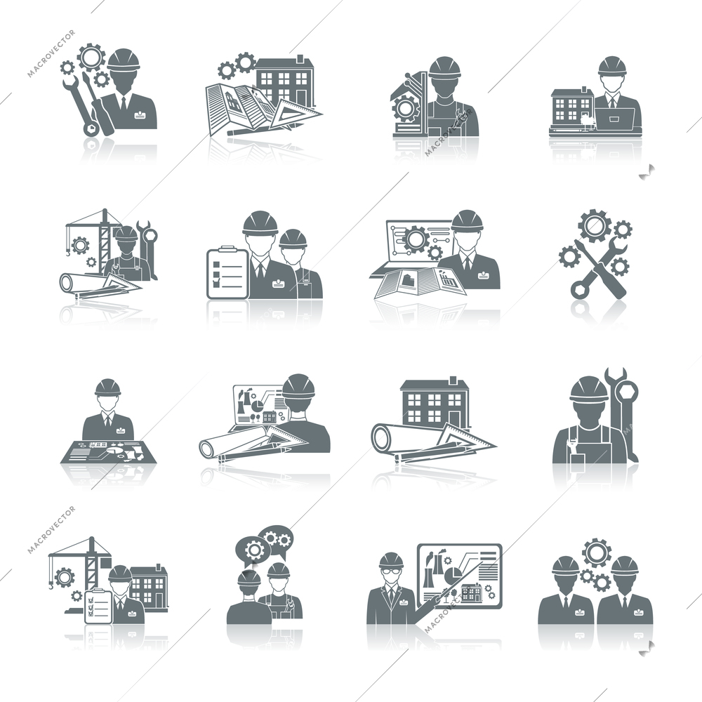 Engineer construction equipment machine operator production and manufacturing icons black set isolated vector illustration.