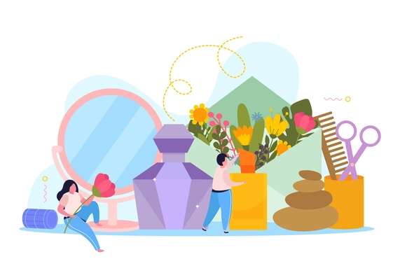Perfume flat composition with aroma stones flowers in envelope mirror scissors and glass vial with people vector illustration