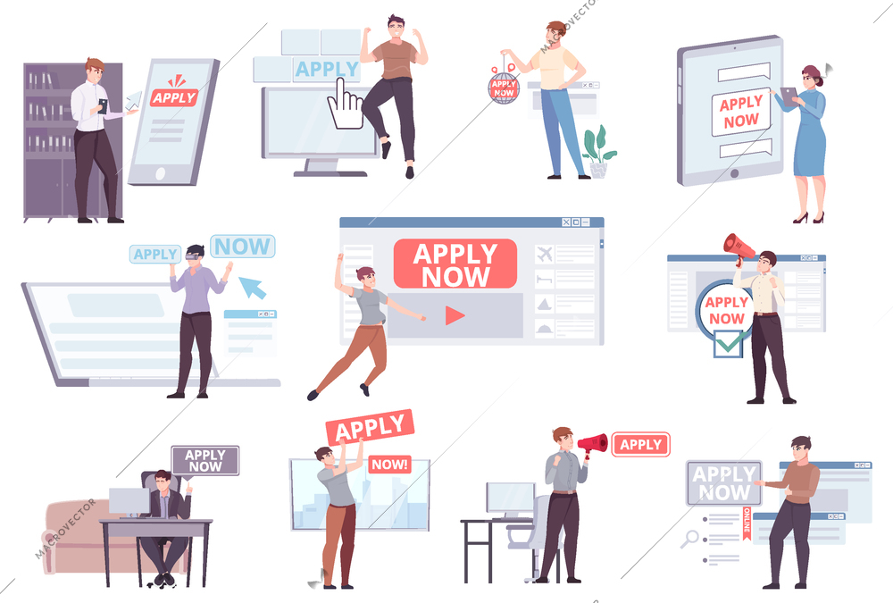 Apply now registration set with flat isolated icons human characters with text placards gadgets computer screens vector illustration