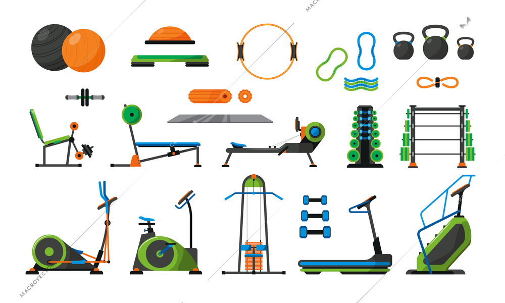 Gym fitness color icon set dumbbells barbells exercise bikes stepper cycling track vector illustration