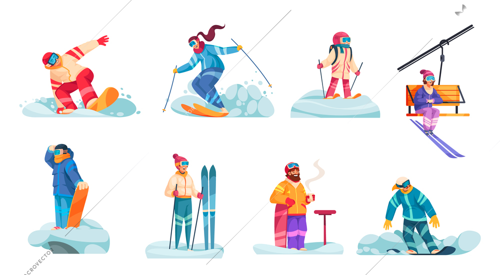 Winter ski resort vacation 8 cartoon compositions with snowboarder drinking hot chocolate chair lift downhill skiing vector illustration