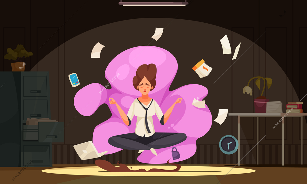 Redhaired woman meditating in office in yoga lotus pose shrouded in pink cloud cartoon composition vector illustration