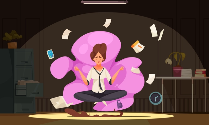 Redhaired woman meditating in office in yoga lotus pose shrouded in pink cloud cartoon composition vector illustration