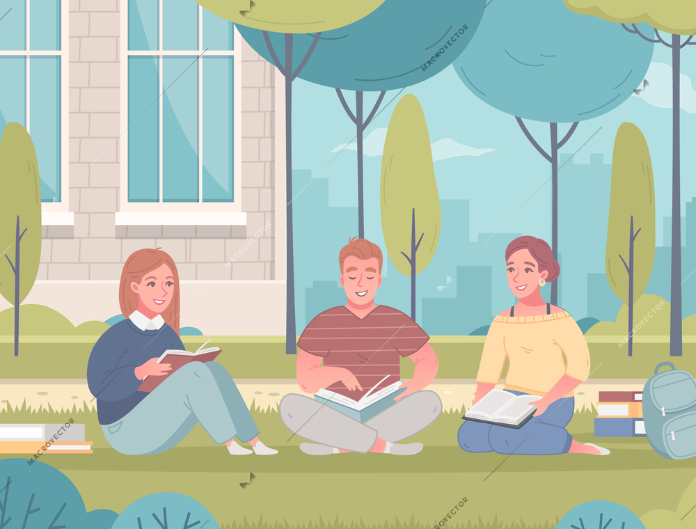 University campus outdoor cartoon composition with students learning outside college building reading textbooks on grass vector illustration