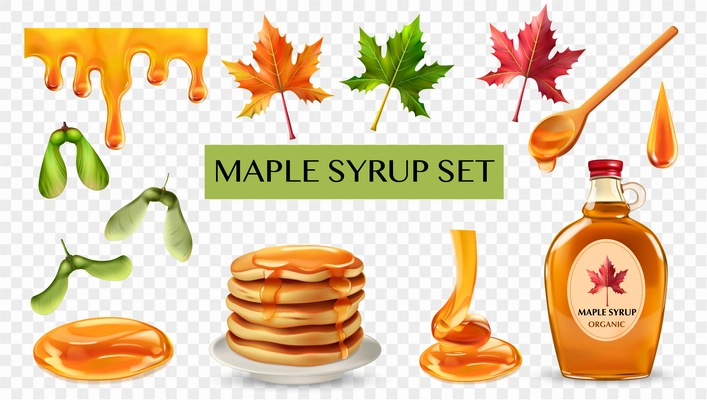 Realistic maple syrup elements set with bottle spoon leaves seeds drops plate of pancakes on transparent background isolated vector illustration