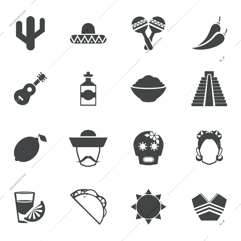 Mexico travel symbols black icon set with guitar tequila pyramid maize isolated vector illustration