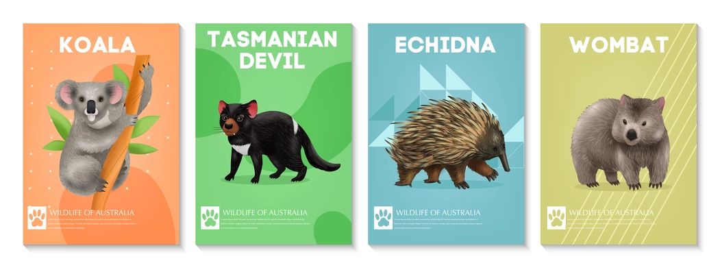 Set of four vertical posters with images of wild australian animals abstract backgrounds and editable text vector illustration