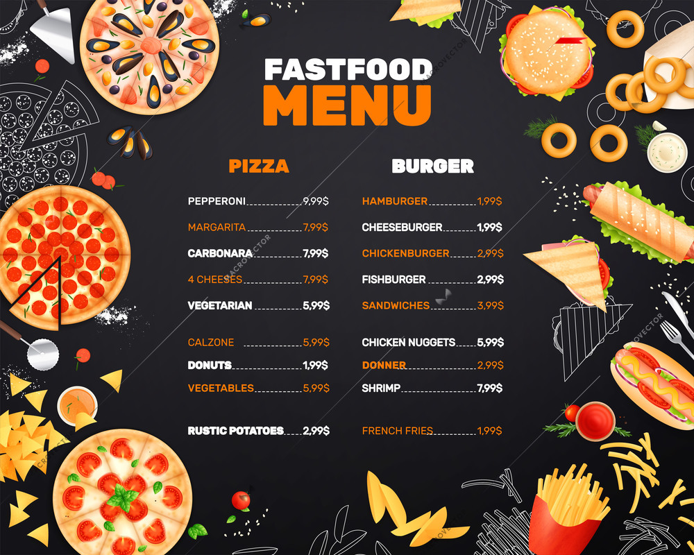 Fast food restaurant or cafe menu design in flat style on black background vector illustration