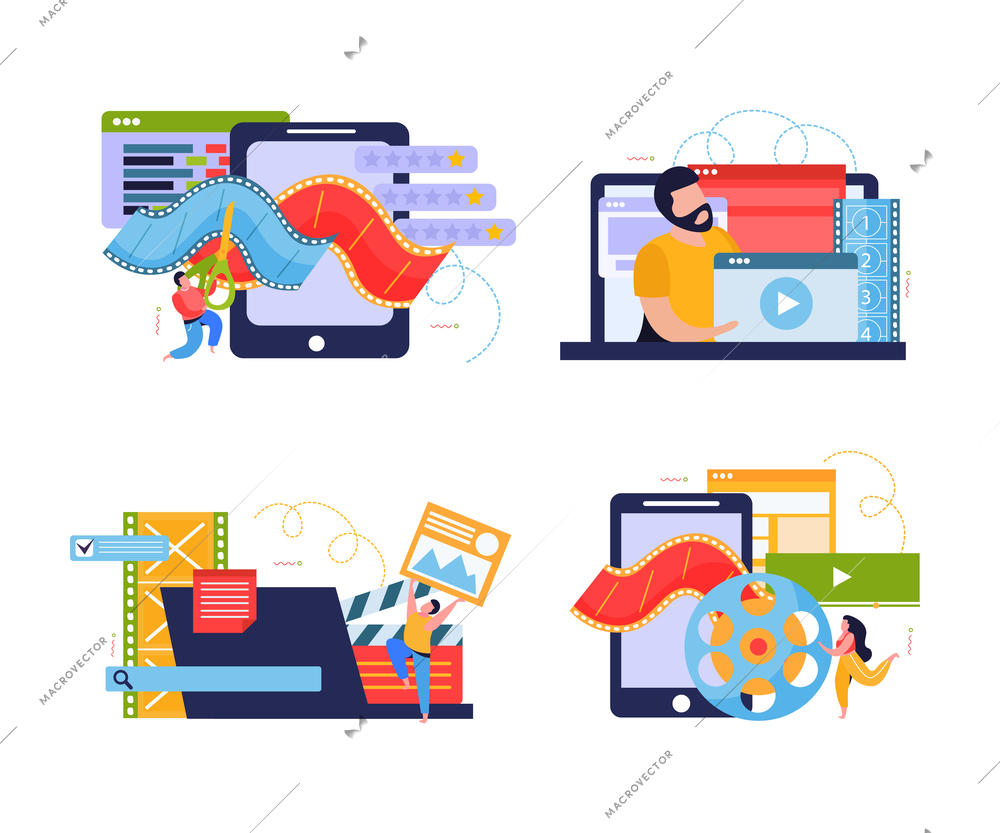 Animation and motion design 2x2 concept for advertising of video design of multimedia production flat vector illustration